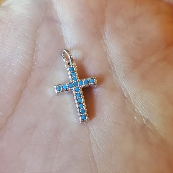NWOT 18K White Gold Tiny Turquoise Cross Charm - Picture 4 of 5